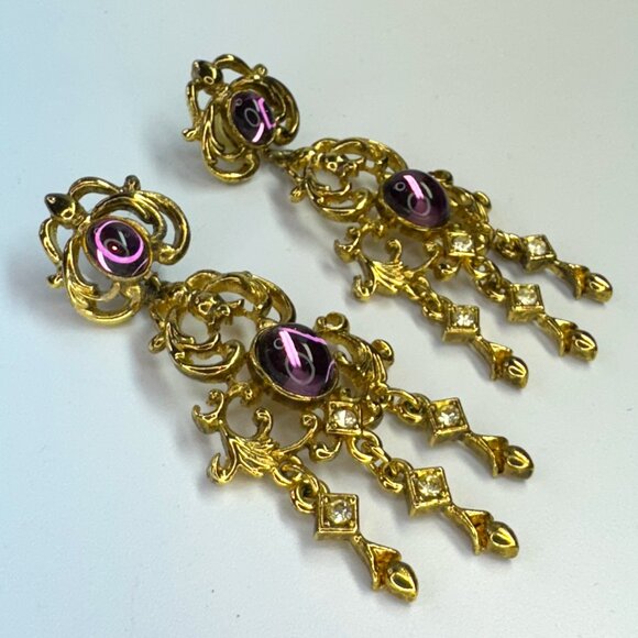Gold Tone and Purple Stones Chandelier Pierced Earrings Prom - Picture 2 of 6